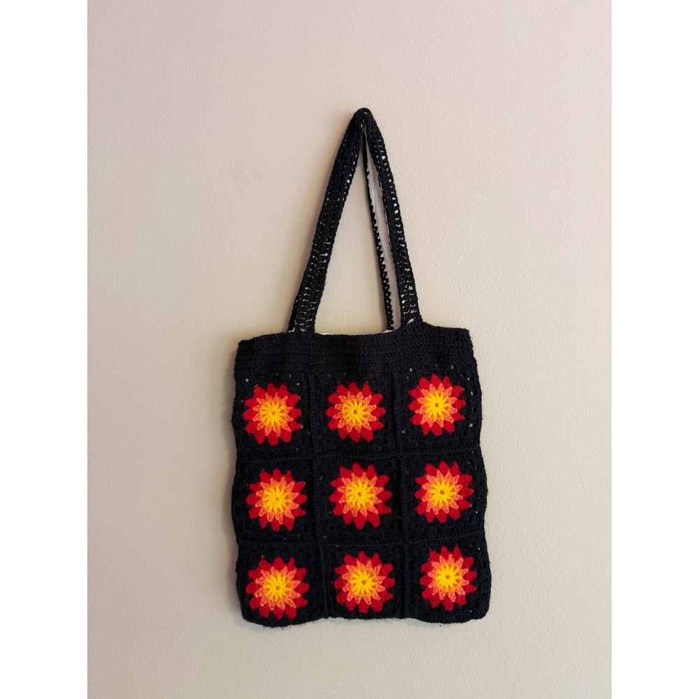 Handmade Crochet Square Tote Bag Black Red Floral Boho Lined Shoulder Bag
